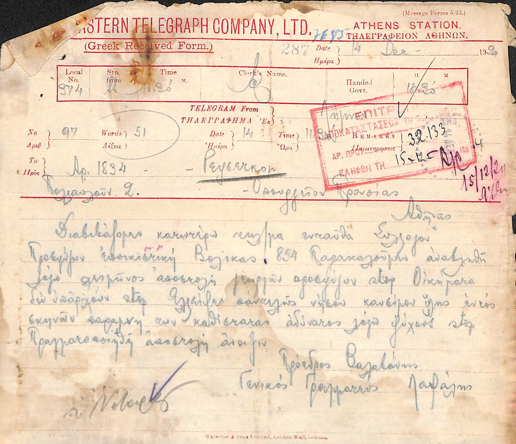 Τηλεγρ. Πρόσφυγες, 14/12/1924